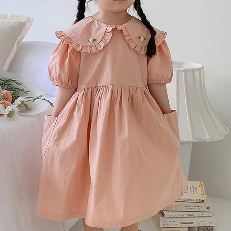 

Sweet Collar Pure Color Bubble Sleeve Dress for Girls, Korean Style Summer New Girls Casual Dress