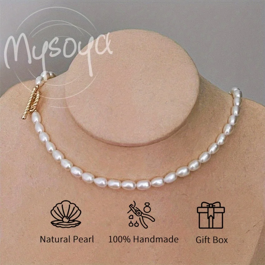 

MYSOYA 6-8mm White Rice Shape Freshwater Pearl Necklace With Gift Box Perfect Gift For Wedding Birthday Christmas New Year