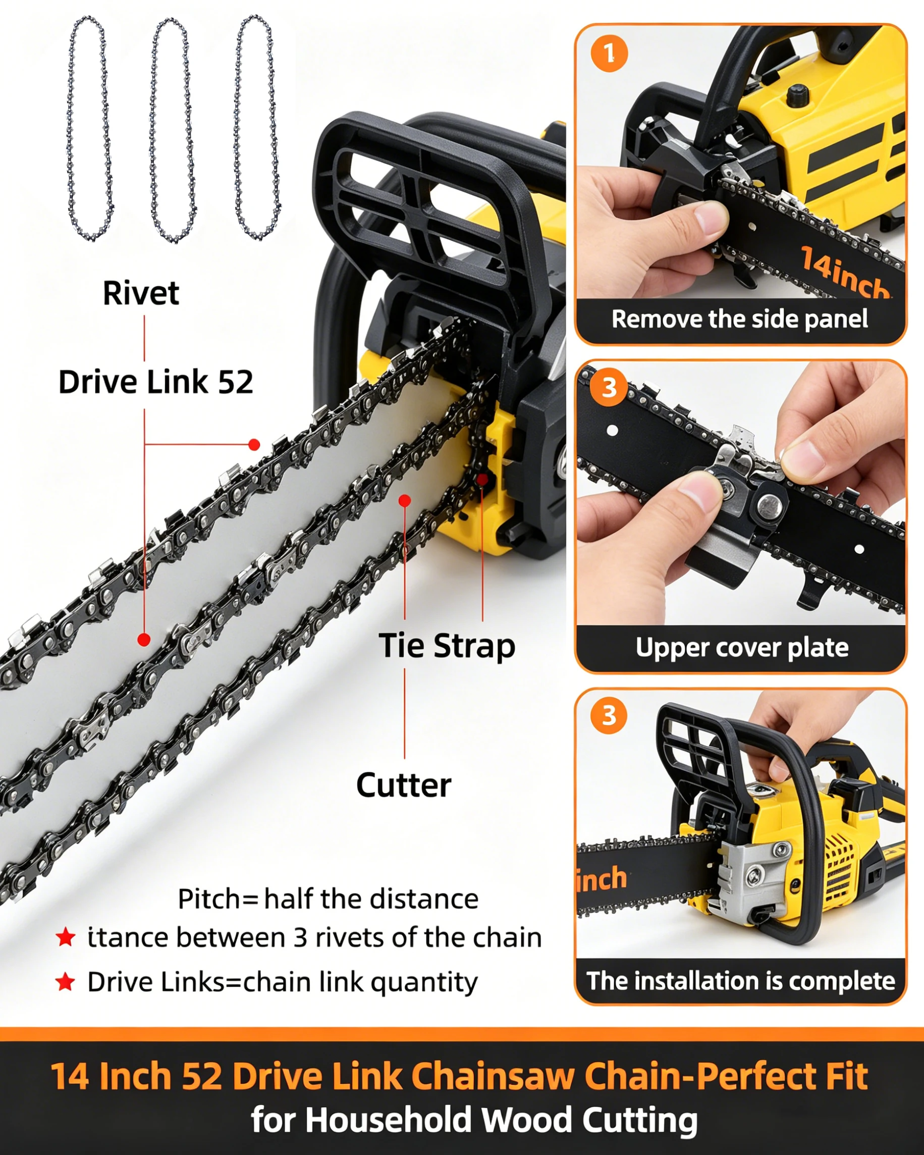 14 Inch Metal Chainsaw Chain – 52 Drive Links, 3/8