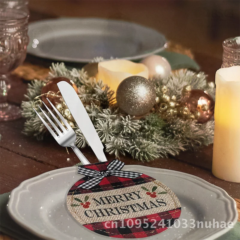 

Christmas Imitation Hemp Tableware Set with Knife Fork round Socks And Bell Decorative Tree Decoration Red Black Checkered