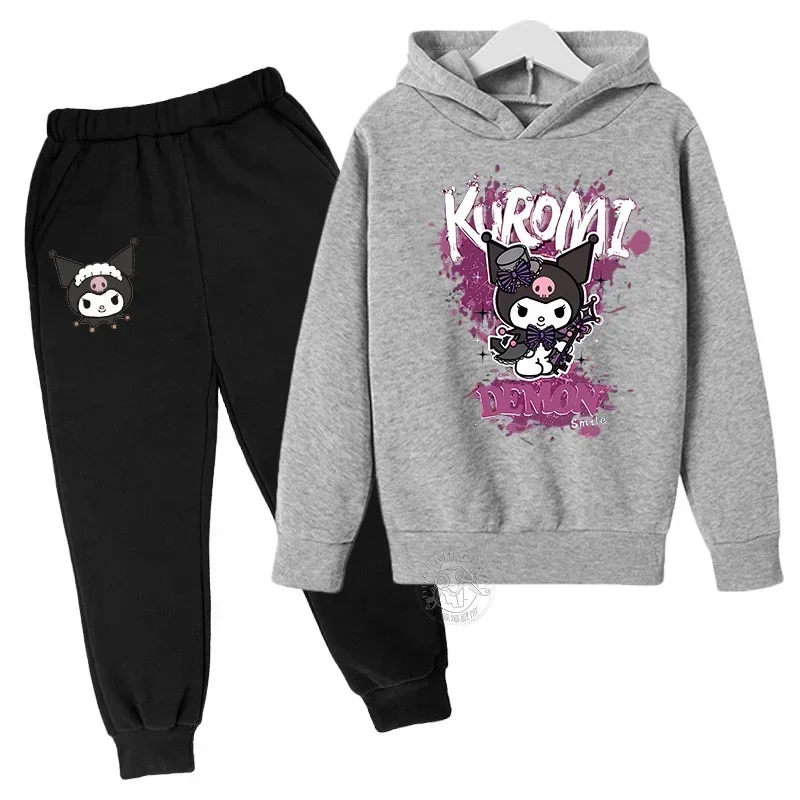 Hello Kitty Kuromi Children's Clothes Two-Piece Pant Set Sports Suit Boys Girls Kawaii Autumn 3-14 Years Casual Fashion Suit