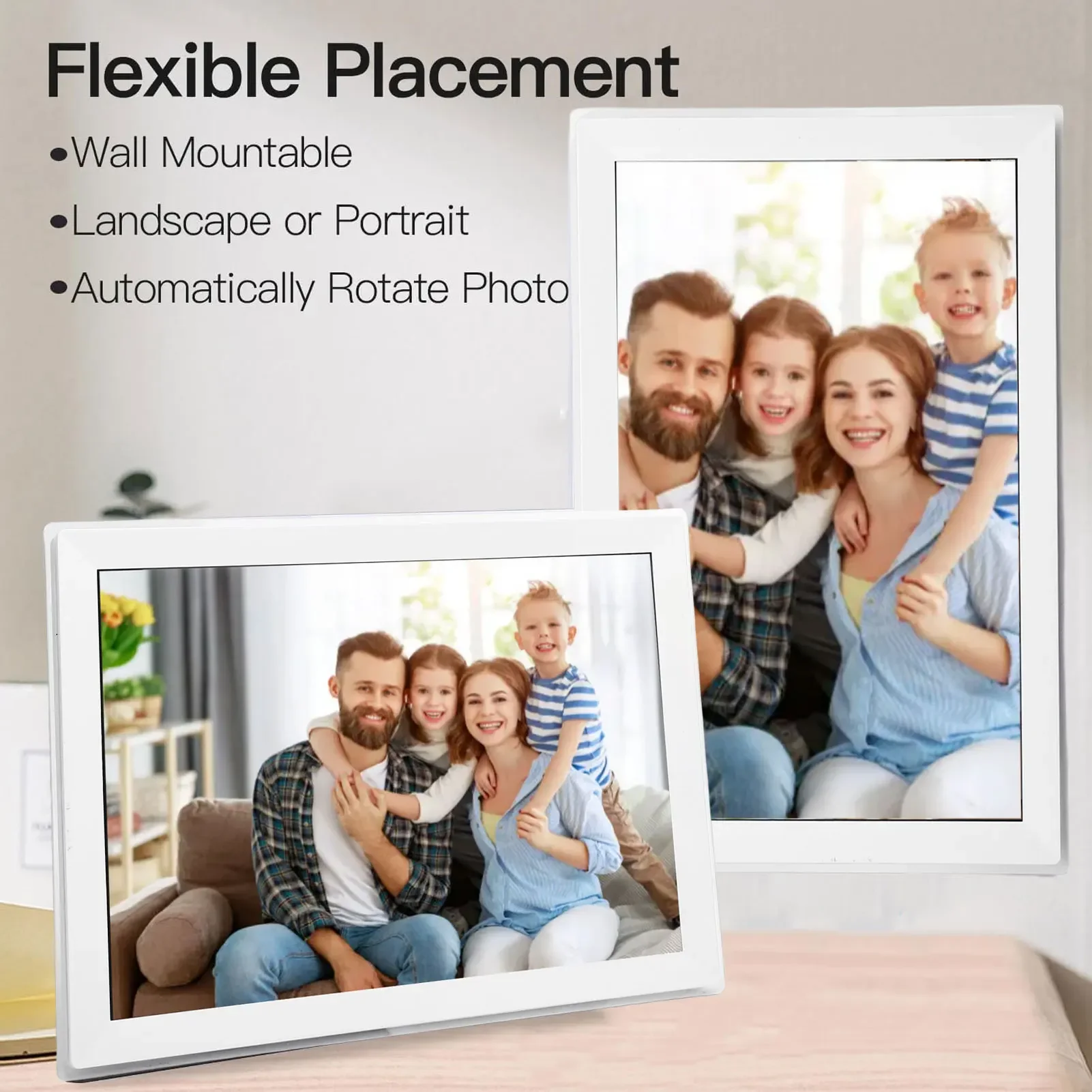 

15-дюймовая умная цифровая фоторамка — HD сенсорный экран, 32 ГБ, Wi-Fi, приложение для фото/видео, автоматическое поворотное устройство и крепление на стену