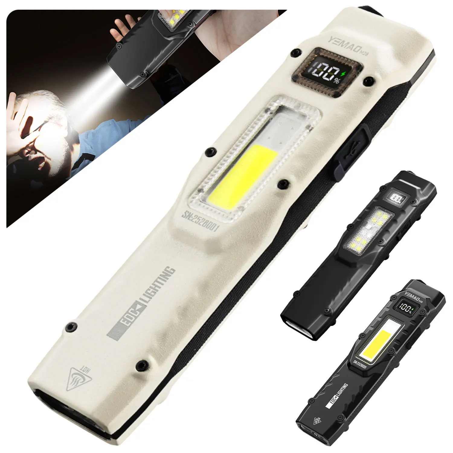 M28 الدفاع مصباح يدوي عصا قابلة للشحن مشاعل مسطحة EDC التكتيكية مصباح يدوي ، المفاتيح المزدوجة LED الشعلة مع شاشة ديجيتال #1