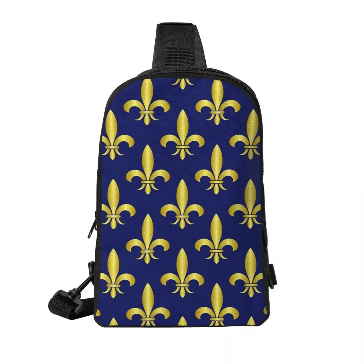 

Gold Blue Fleur De Lis Royal Lily Chest Bag Men Sling Crossbody Backpack Chest Bag Travel Hiking Daypack Shoulder Bag