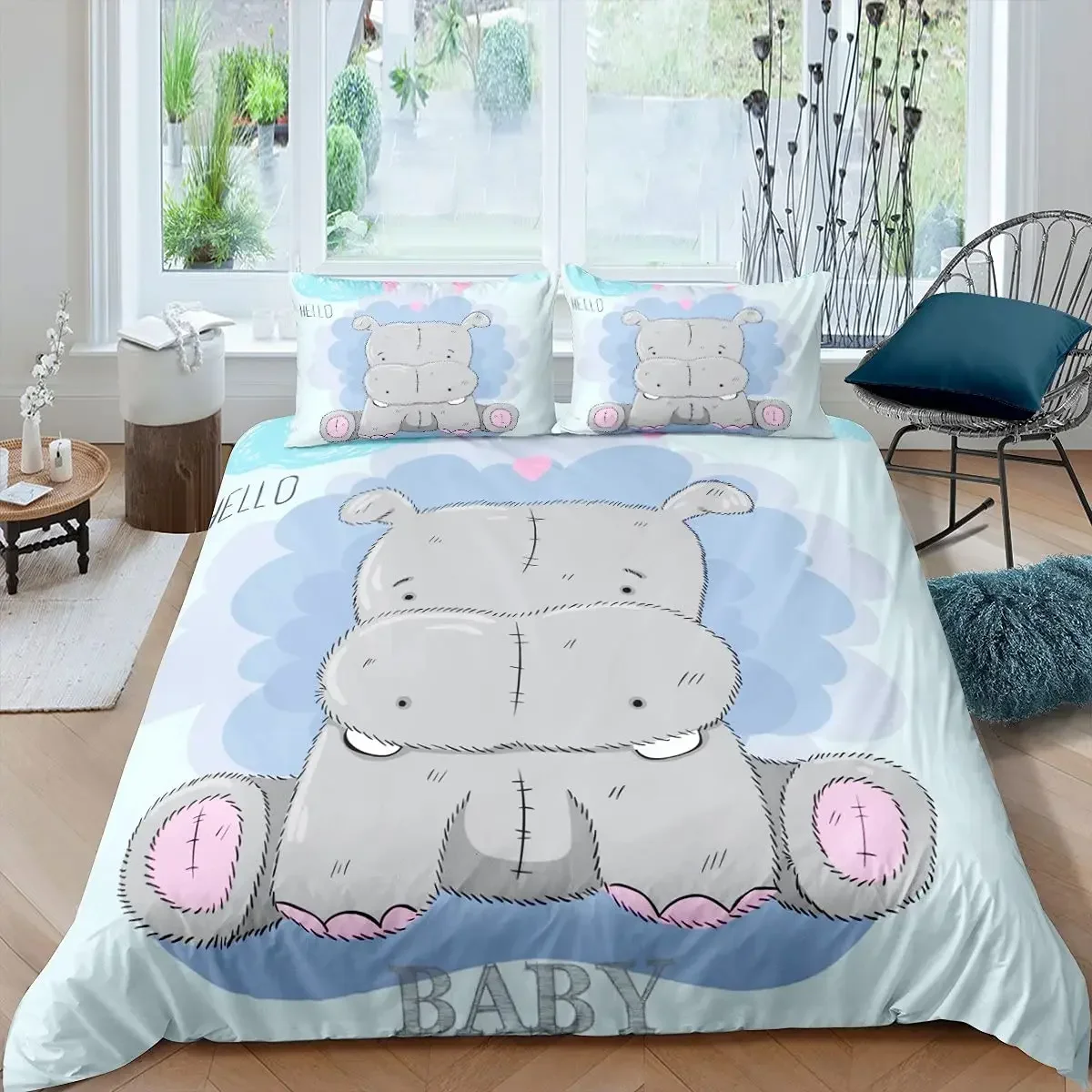 Hippo Duvet Cover Set King Size Cartoon Hippo Holding Pink Flower Comforter Cover Set for Kids Wild Animal Polyester Quilt Cover