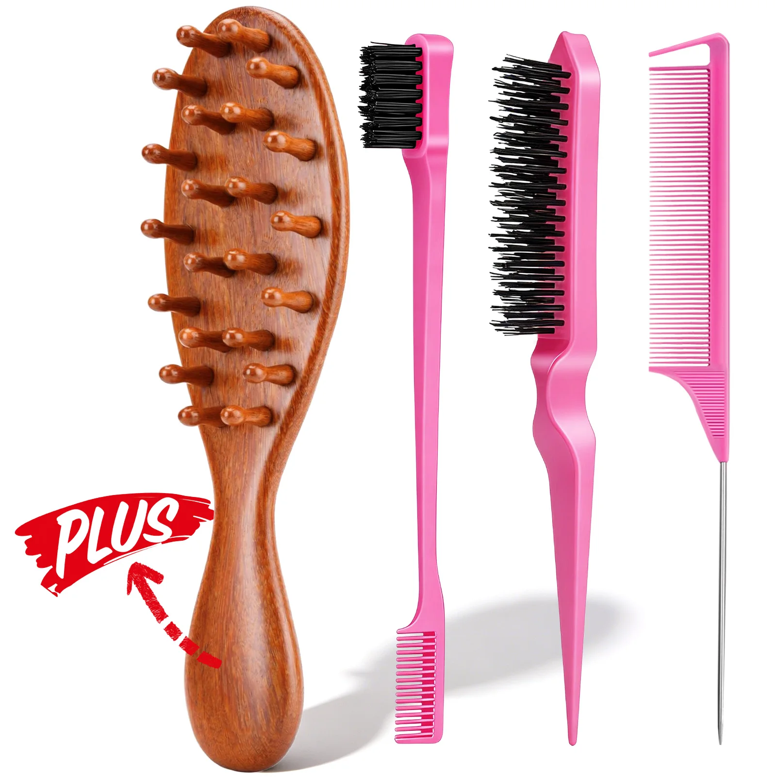 

Hair Styling Brush Set - Wooden Paddle Brush for Scalp Massage & Anti-Static Detangling - Slick Back Hair Brush, Edge Control Brush, Rat Tail Comb & Teasing Brush - Complete Hair Care Kit for Sleek Ponytails, Buns & Edges