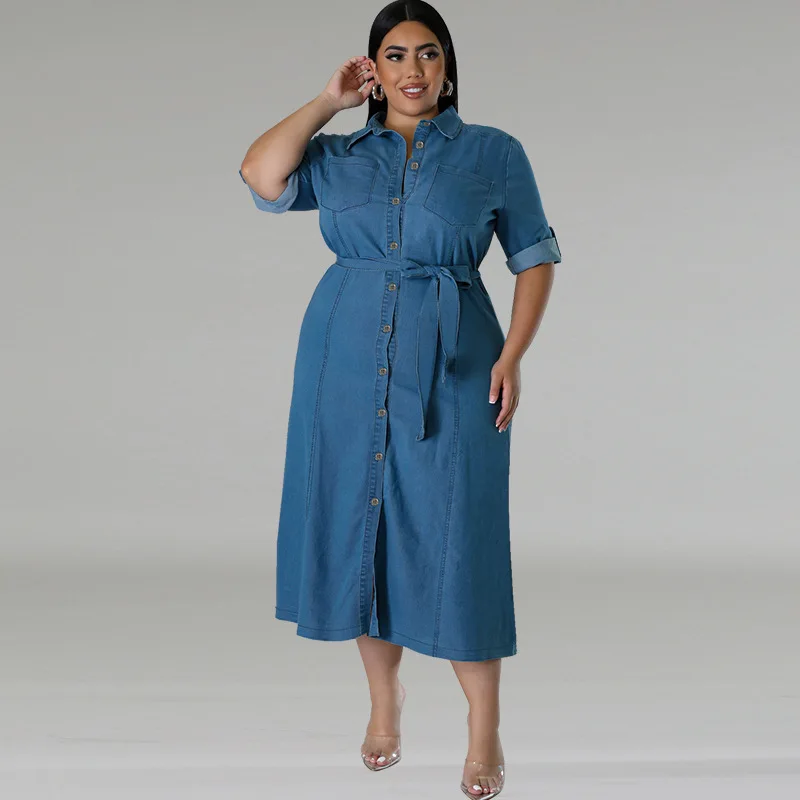 Plus Size Button Elegant Denim Dress Female Solid Jean Vestido Office Lady Robe 2024 Autumn Women Luxury Pretty Fashion Dress