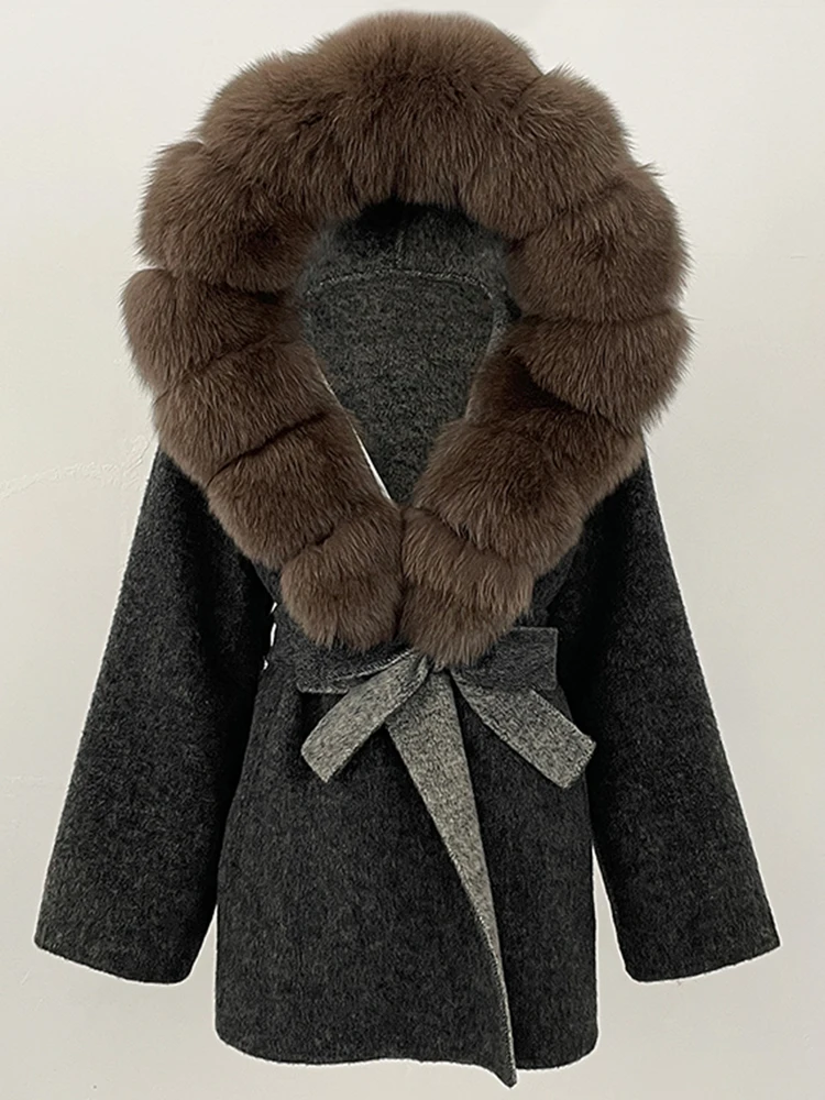 Women Hooded Belt Woolen Jacket Real Fox Fur Wool Coat Female Natural Fur Coat Lady 2025 Fashion Luxury Winter Clothes