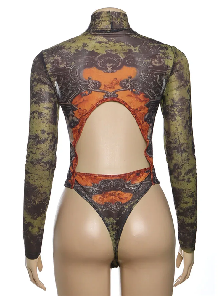 

Cutenew Sexy Attractive Print Women Bodysuits Trend Contrast Colors Full Sleeve Back Hollow Slim Rompers Mujer Coquette Clubwear