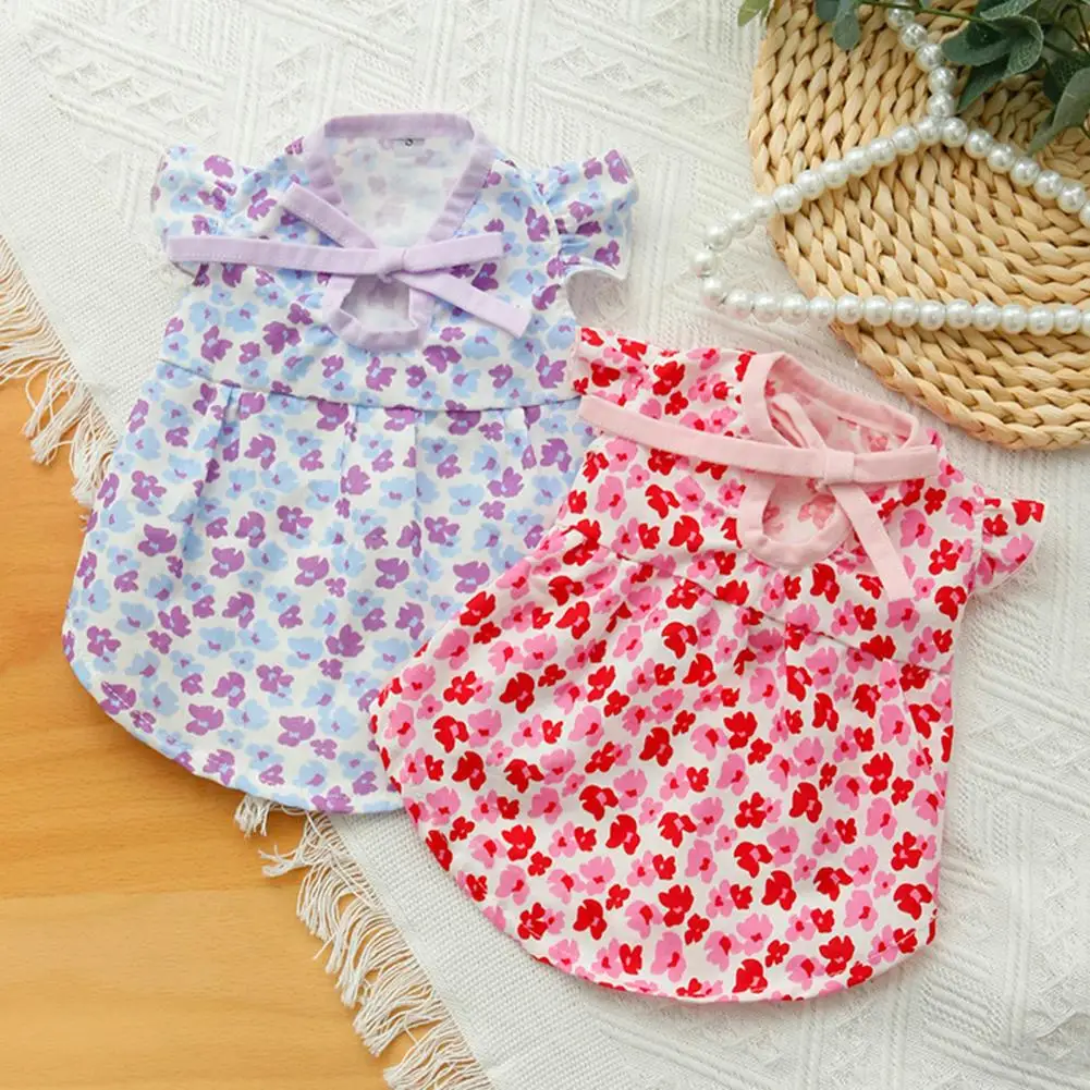 Summer Cat Dresses Flower Pattern Sleeves Kitten Puppy Skirt Friendly To Skin Non-Irritation Cotton Cats Dogs Dress For Daily