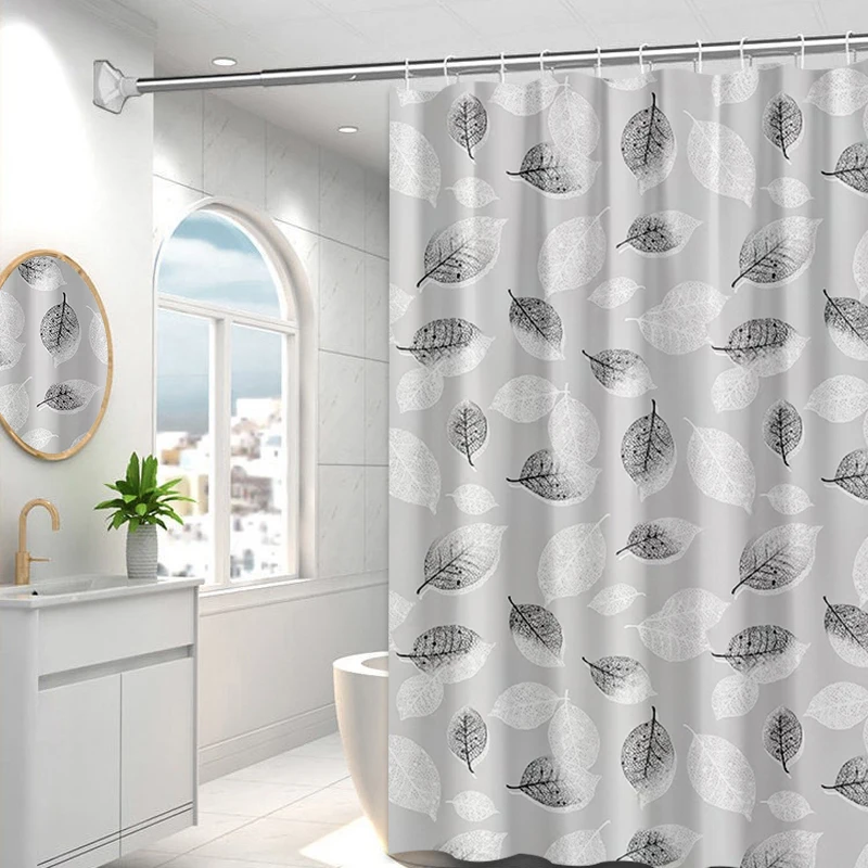 High Quality Waterproof and anti-mildew PEVA shower curtain black and white leaf bathroom curtain with hook