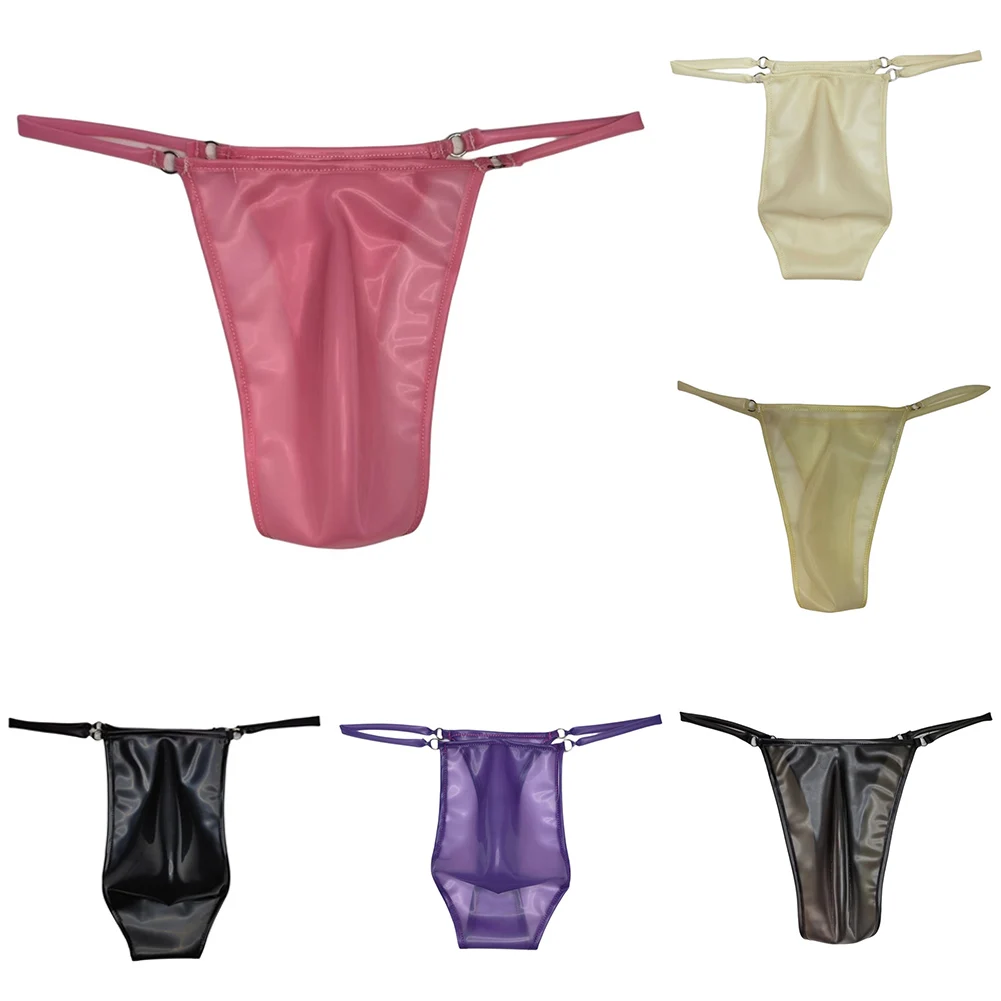 Mens Sexy Lingerie T-Briefs Underwear Latex G-string Thong See Through Low Waist Safety Panties Gay Sissy Bulge Pouch Underpants