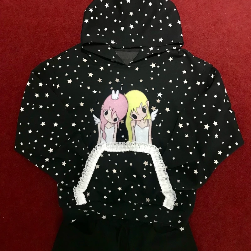 Japanese Design Black Star Print Women's Pullover Autumn Sweet Cool Illustration Loose Lace Versatile Hooded Sweatshirt Ladies