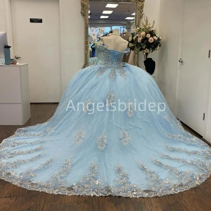 Angelsbride Luxury Sky Blue Quinceanera Dresses Sliver Beading Lace Vestidos De 15 Anos Corset Birthday Princess Party Gowns