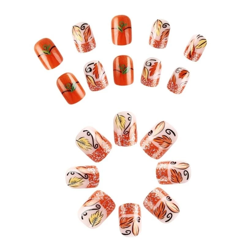 G99E Autumn Glitters French Tip Press On Nails Short Square Maple Design 24Pcs