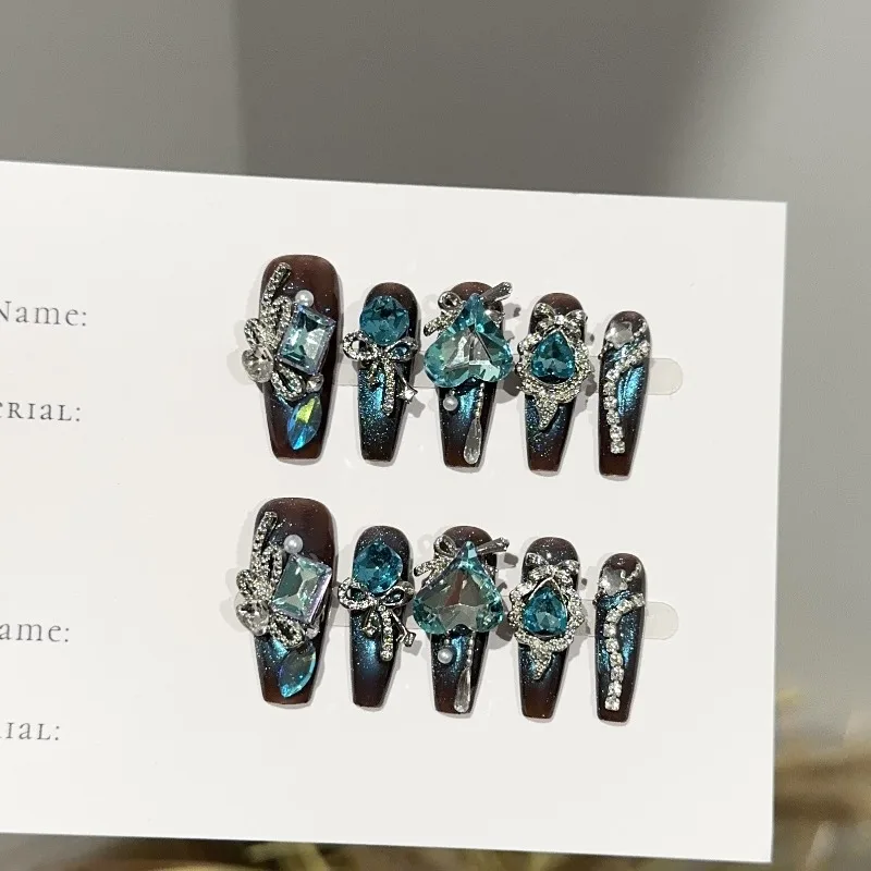 10 قطعة اليدوية الأزرق ثلاثية الأبعاد عين القط اضغط على الأظافر كامل الماس الأظافر وهمية الفاخرة بريق الأظافر كاذبة أنيقة الأوروبية ارتداء الدروع #2
