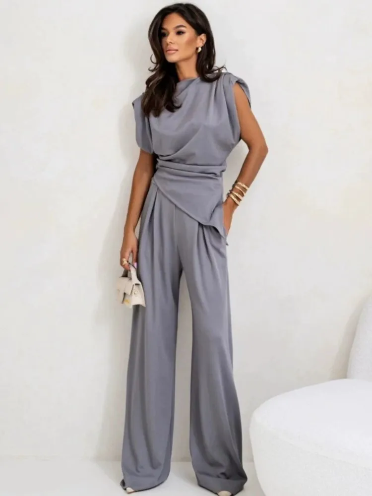 

Elegant Two Piece Set For Women Sleeveless Top And High Waist Wide Legs Pants Solid Fashion Outfits Office Lady Simple Sets