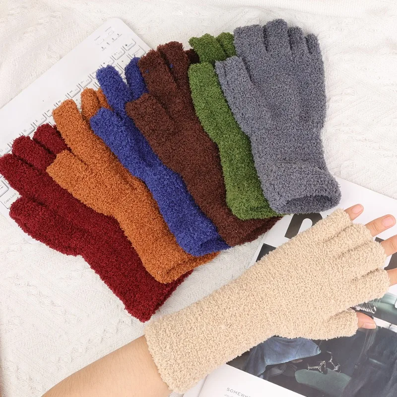 Thicken Plush Warm Gloves Solid Color Coral Fleece Touchscreen Fingerless Glove for Women Winter Half Finger Writing Mittens