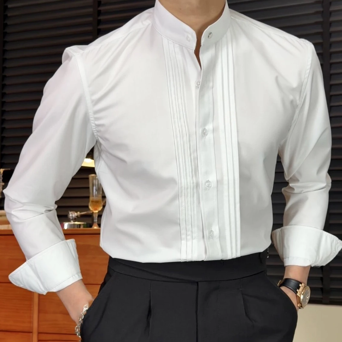 

Pure Color Shirt Men Casual Business Formal Dress Shirts Men Streetwear Button Stand Collar Shirt Camisas Para Hombre Shirt Men