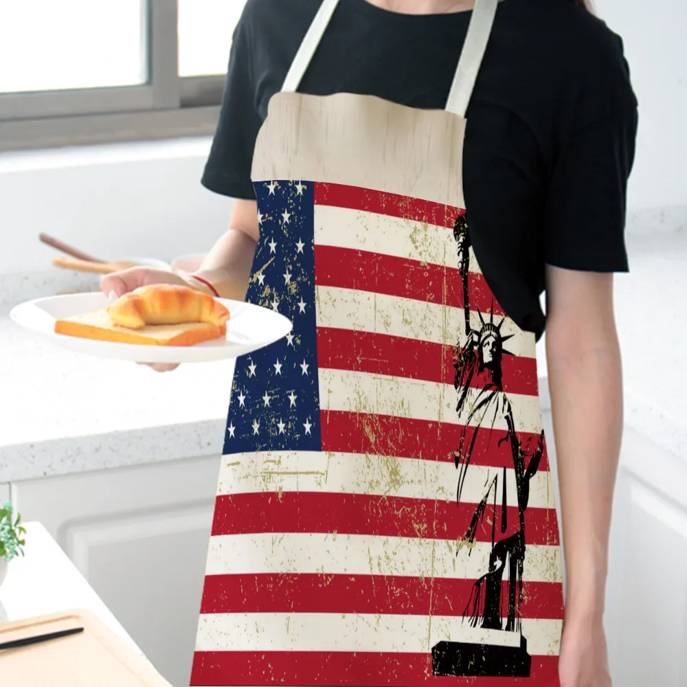 Delantal con bandera americana para hombre y mujer, babero de lino y algodón, limpieza del hogar, cocina casera