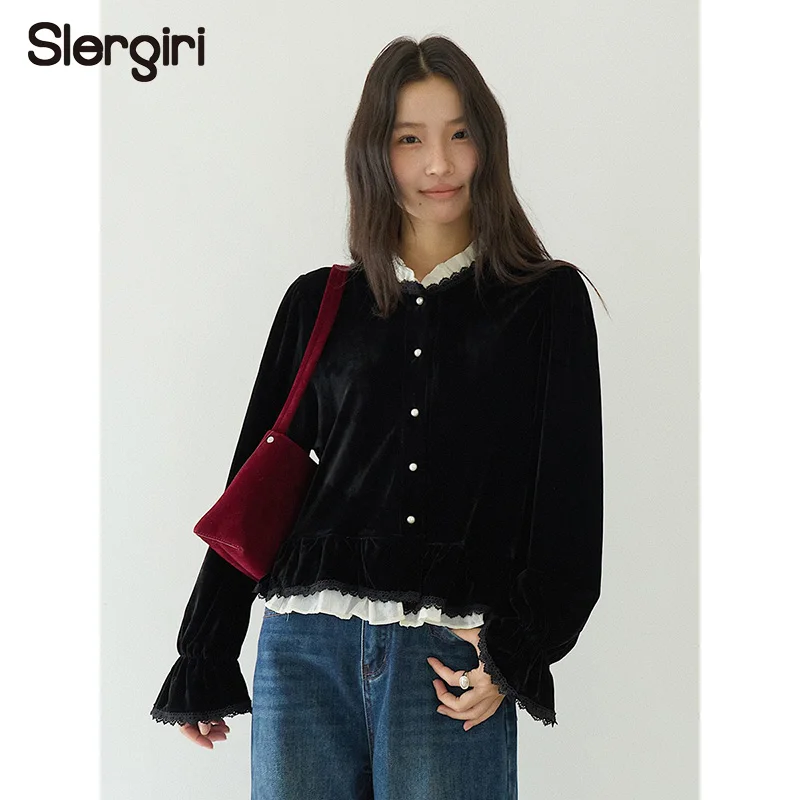 

Slergiri 2 In 1 Long Sleeve Velvet Shirts Women Fashion New 2026 Autumn Winter Black Elegant Lace Trim Lady Tops and Blouses