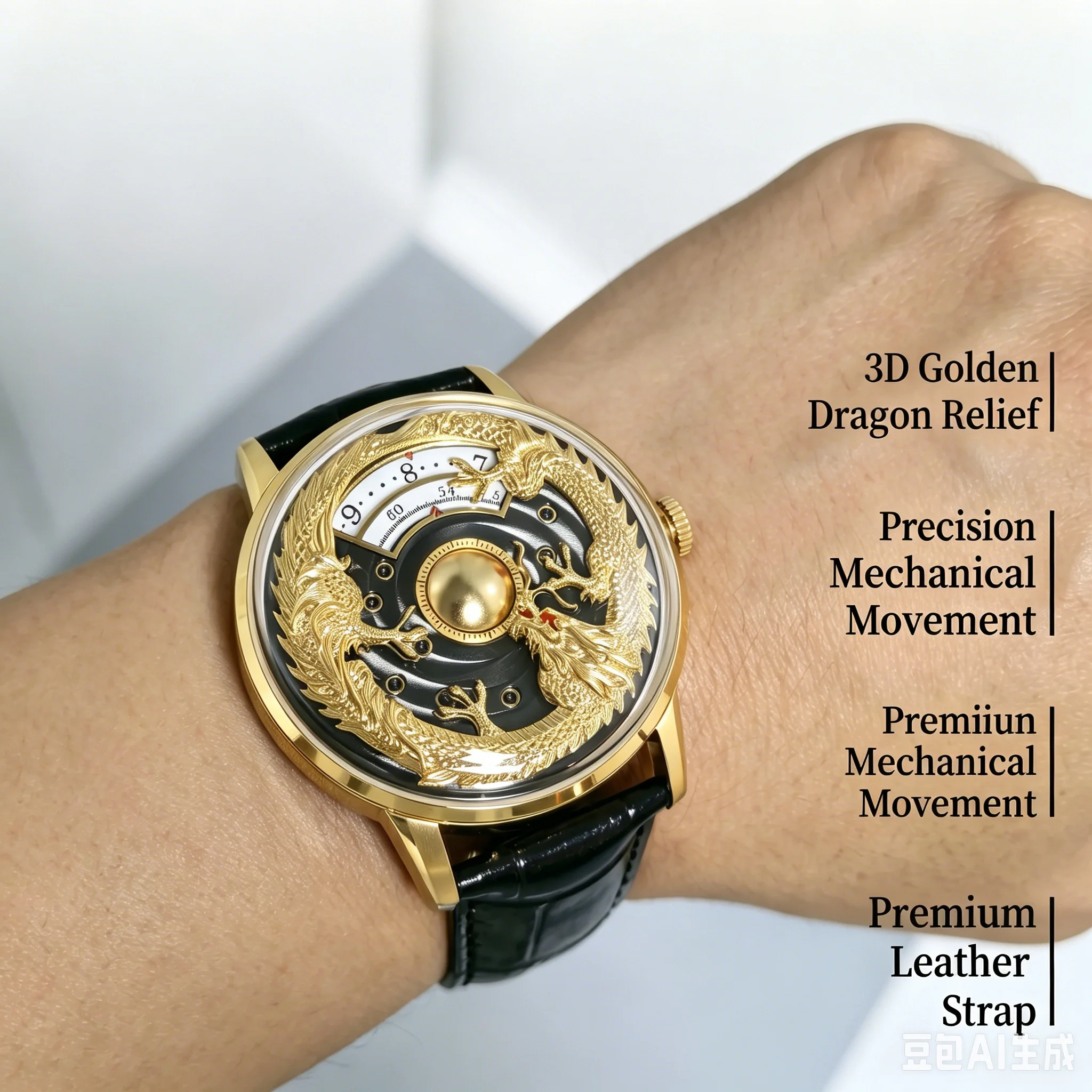 

MechJazz Men's Watch, 3D Golden Dragon Automatic Mechanical Watch, Unique Jump Hour Dial, Sapphire Crystal, Leather Strap