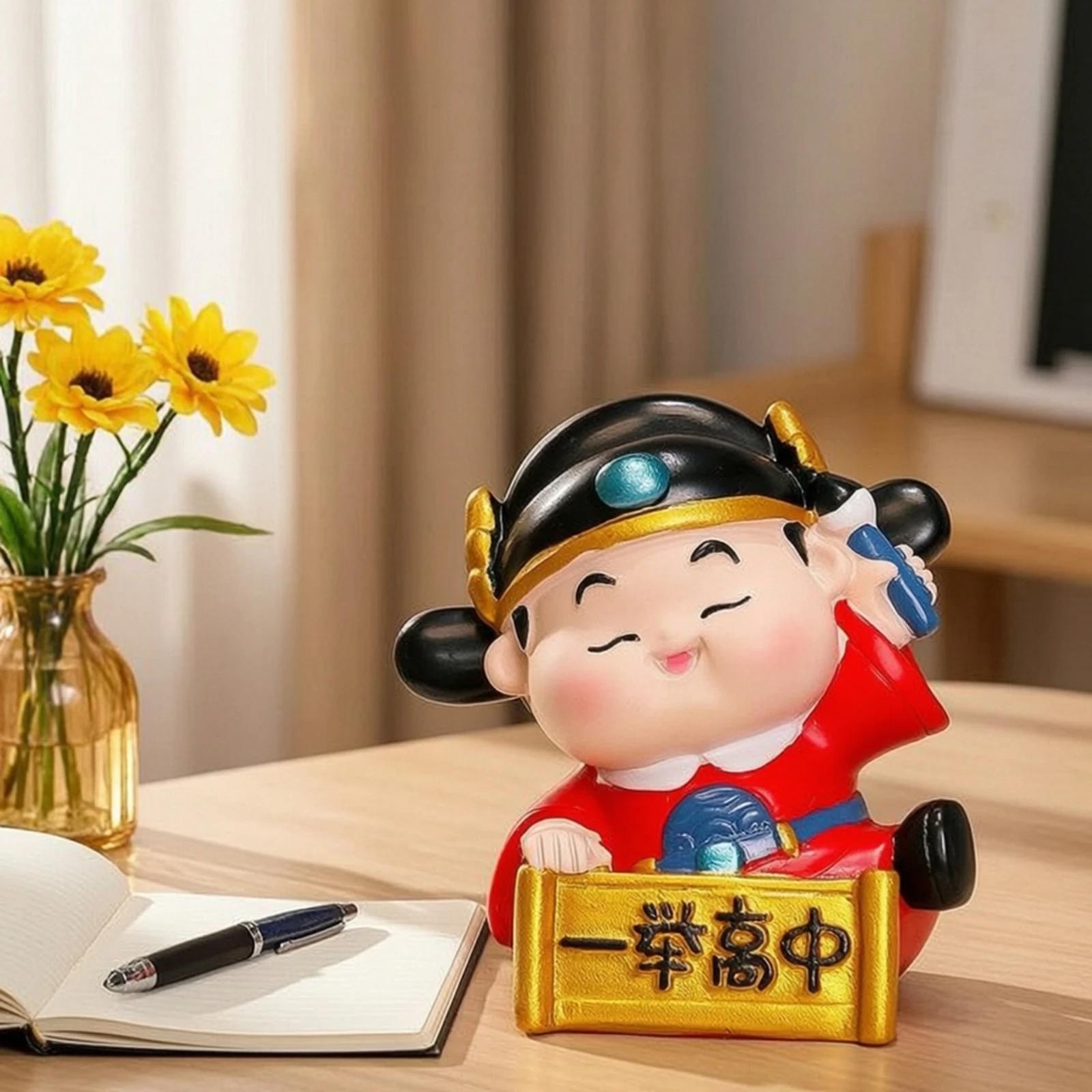 Scholar Child Figurine with Scroll Plaque Decorative Traditional Scholar Statue with Headdress Desk Ornament Miniature