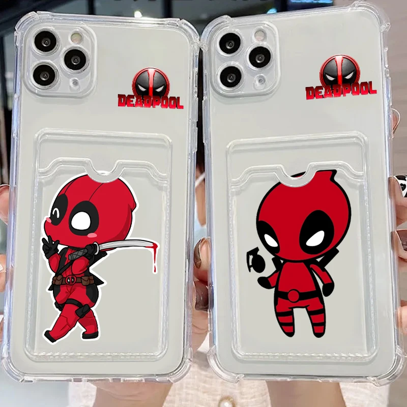 Marvel Deadpool Funny Cute For iPhone 15 14 13 12 11 XS XR X 8 7 Pro Max Plus Mini Photo Card Bag Transparent Cover Phone Case