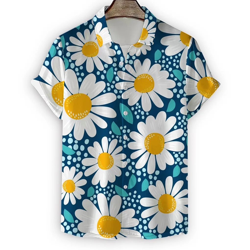 Camisa havaiana estampada em Margarida 3D masculina, camiseta de manga curta, blusa com padrão crisântemo, roupas masculinas extragrandes, moda verão