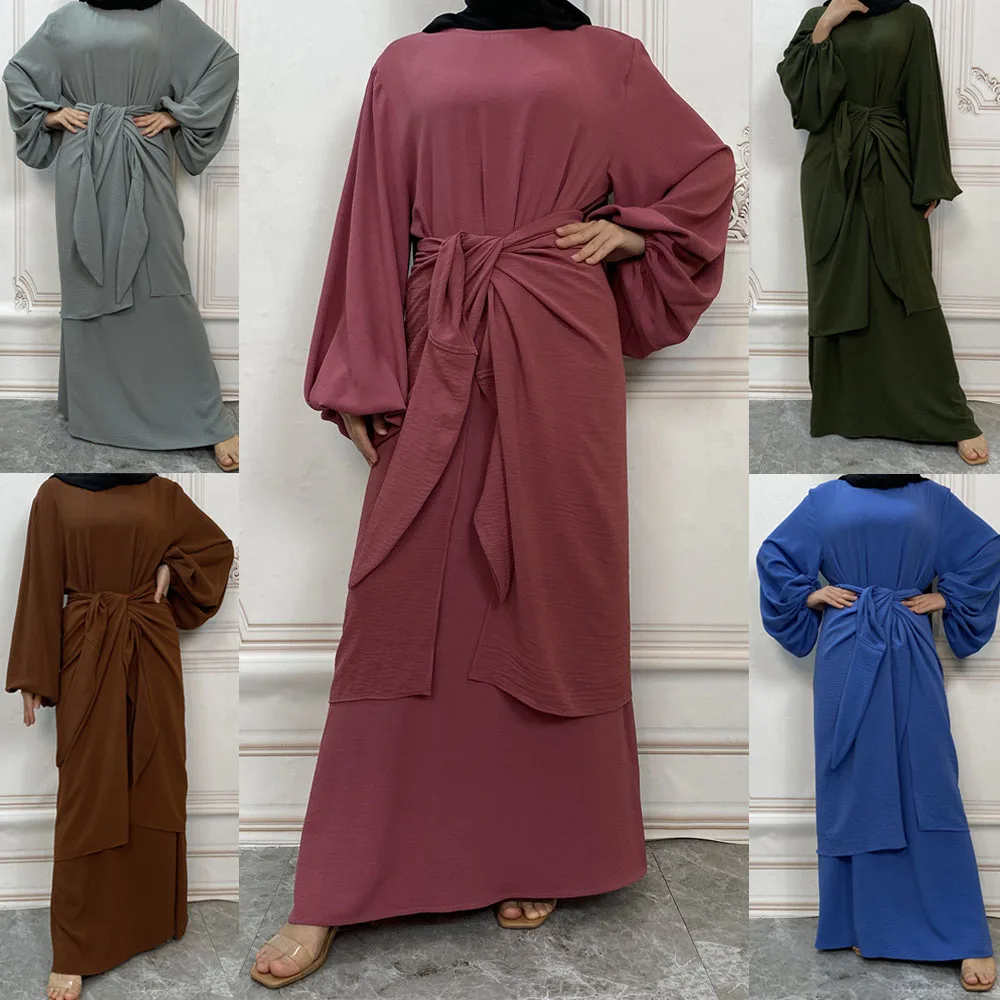 

Eid Ramadan Muslim Women Maxi Dress with Wrap Skirt Outfits Set Islamic Clothing Dubai Arabic Robe Abaya Kaftan Jalabiya Abayas