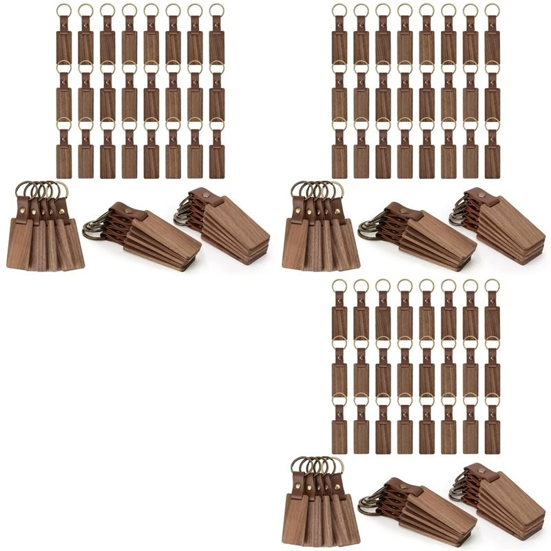 Hot Selling-120 Pieces Wood Keychain Blanks With Leather Straps, Blank Leather Keychains For Engraving, For DIY Various Key