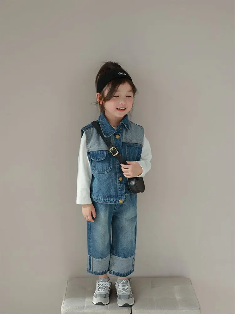 

Girl Suit 2023 New Spring Autumn Korean Fashion Style Sets Baby Girl Solid Denim Vest Casual Patchwork Jeans Two Piece Suit