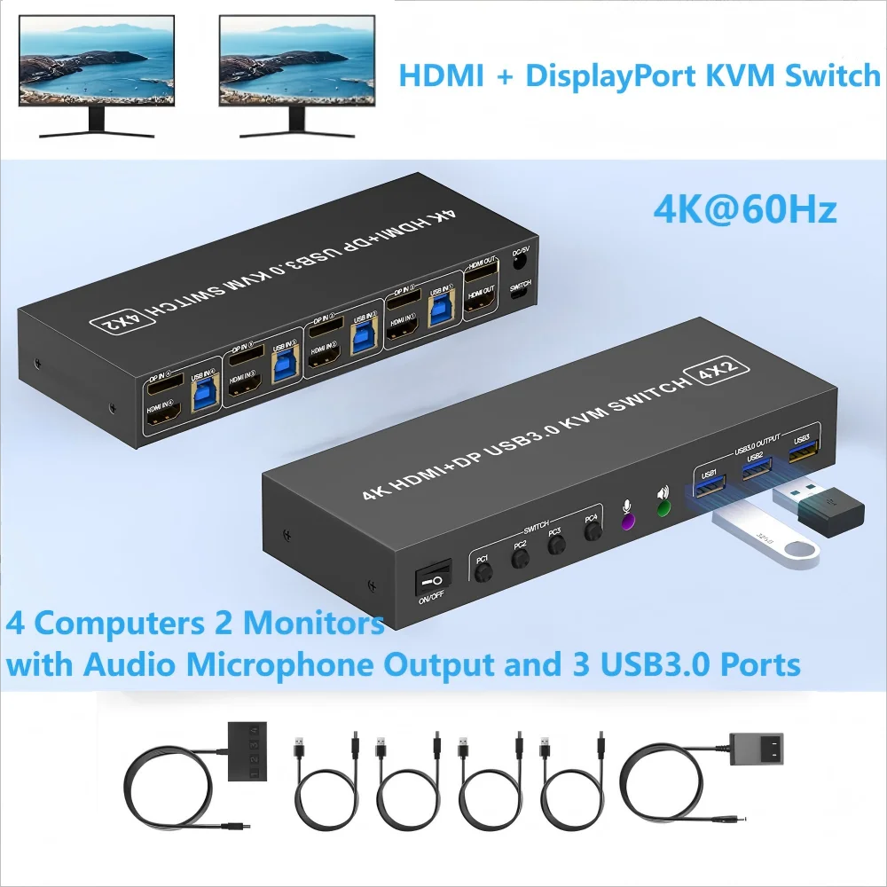 

KVM Switch 4 Computers 2 Monitors 4K,Displayport HDMI USB 3.0 KVM Switch for 4 PCs that Share Keyboard Mouse and Dual Monitor