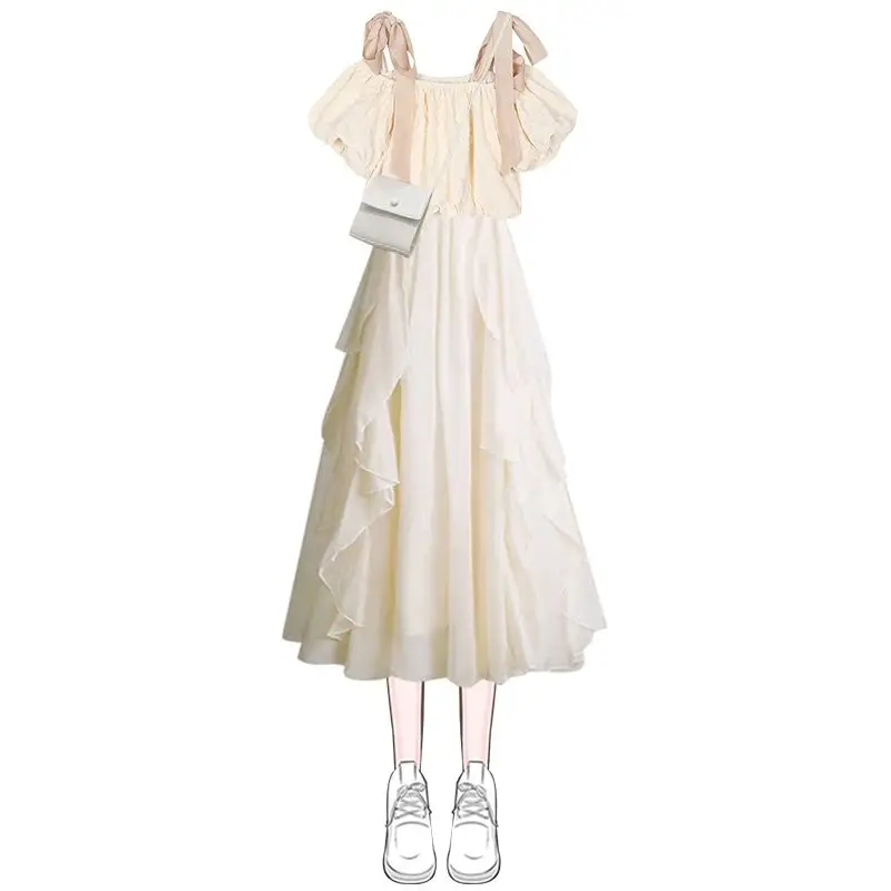 Soft oulder irt Dr Two-Piece Set plus Size Summer New Arrival Gentle Brand Large Size Women's Clothing Pear ape Fit