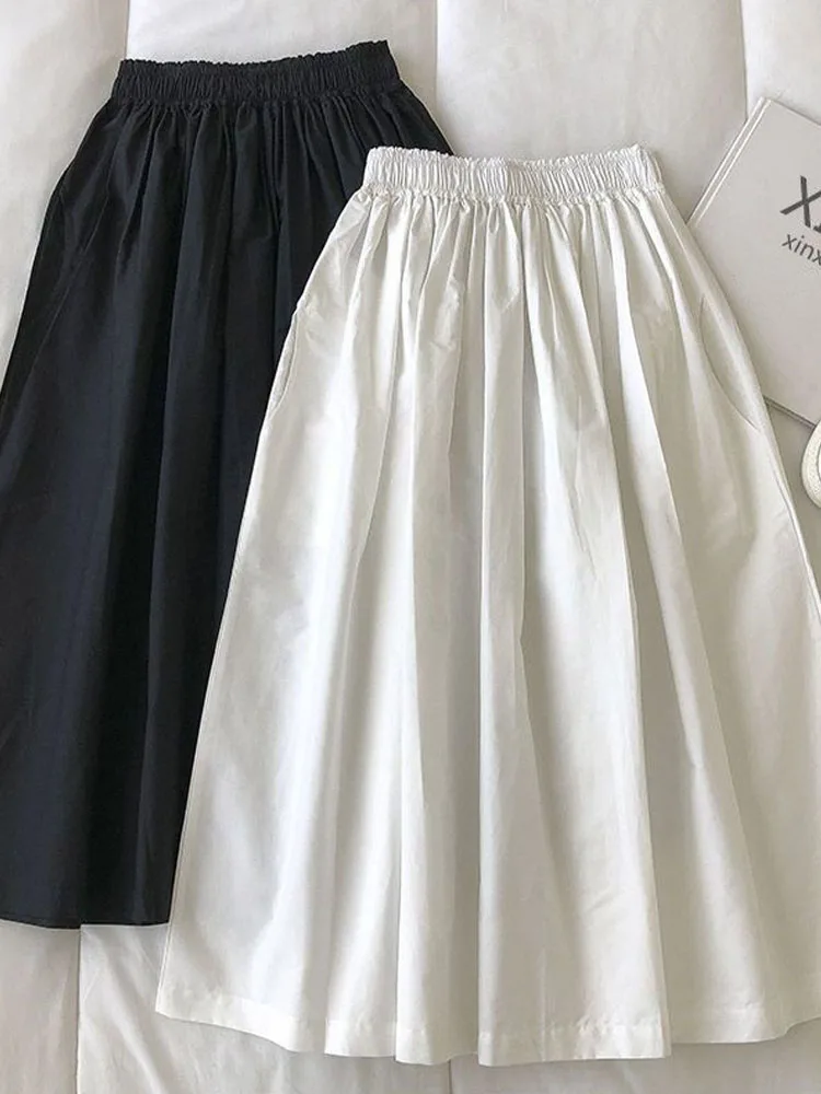 Women White Long Skirt Fashion Pockets Pleated Knee Length Skirts Autumn 2024 New Casual Elegant High Waist A Line Femme Skirts