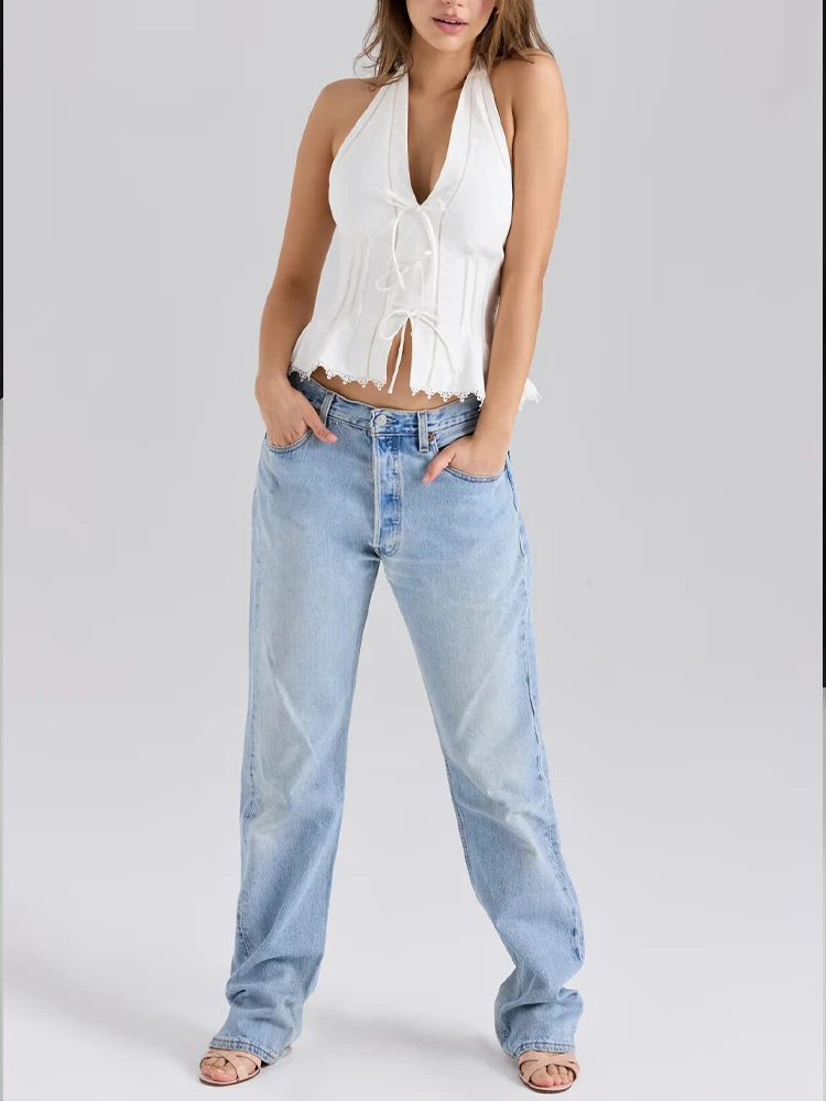 

European style new women's fashion versatile temperament bow sexy backless V-neck waist halter neck top