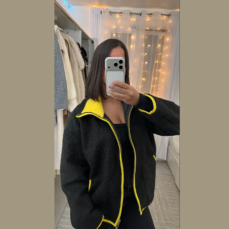 

Повседневная флисовая куртка с контрастными вставками для женщин, с воротником-стойкой, на молнии, с карманами, длинными рукавами, осенне-зимняя, новинка в категории верхней одежды