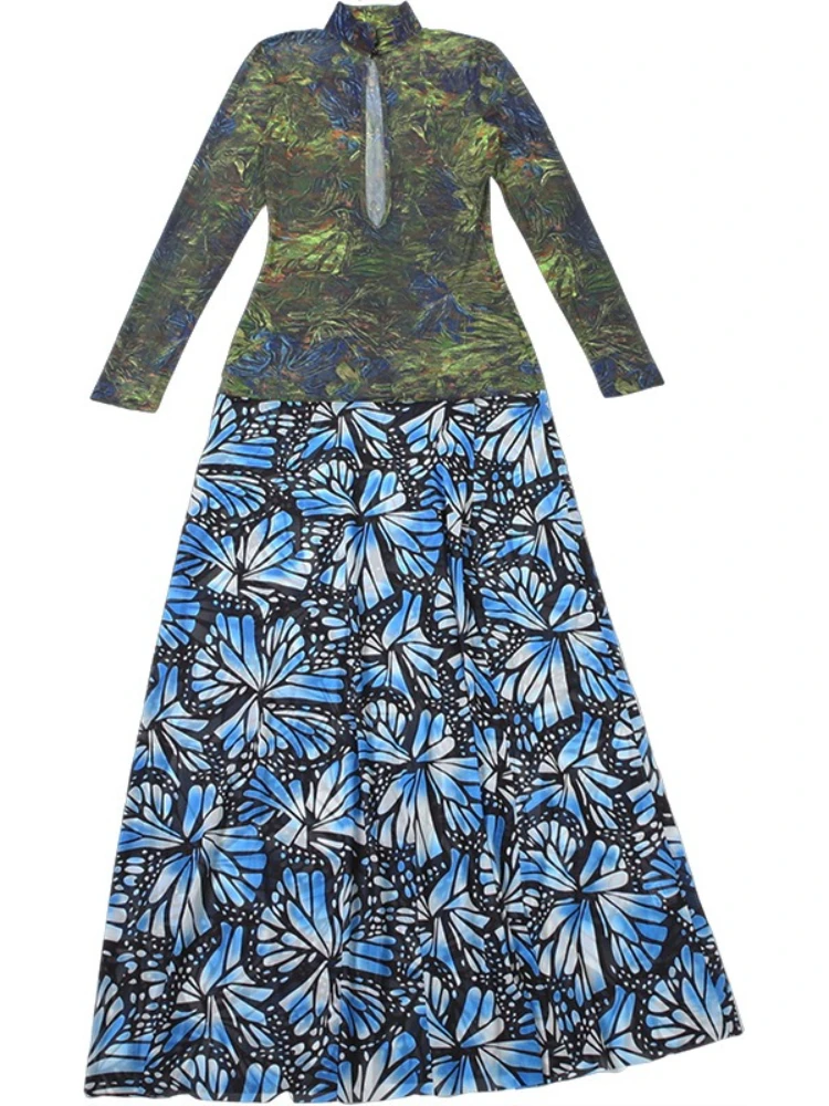 SsTss 2025 nueva moda vestido Maxi estampado mujer Sexy Stand Color manga larga recortado ajustado abertura larga malla Patchwork vestido de fiesta