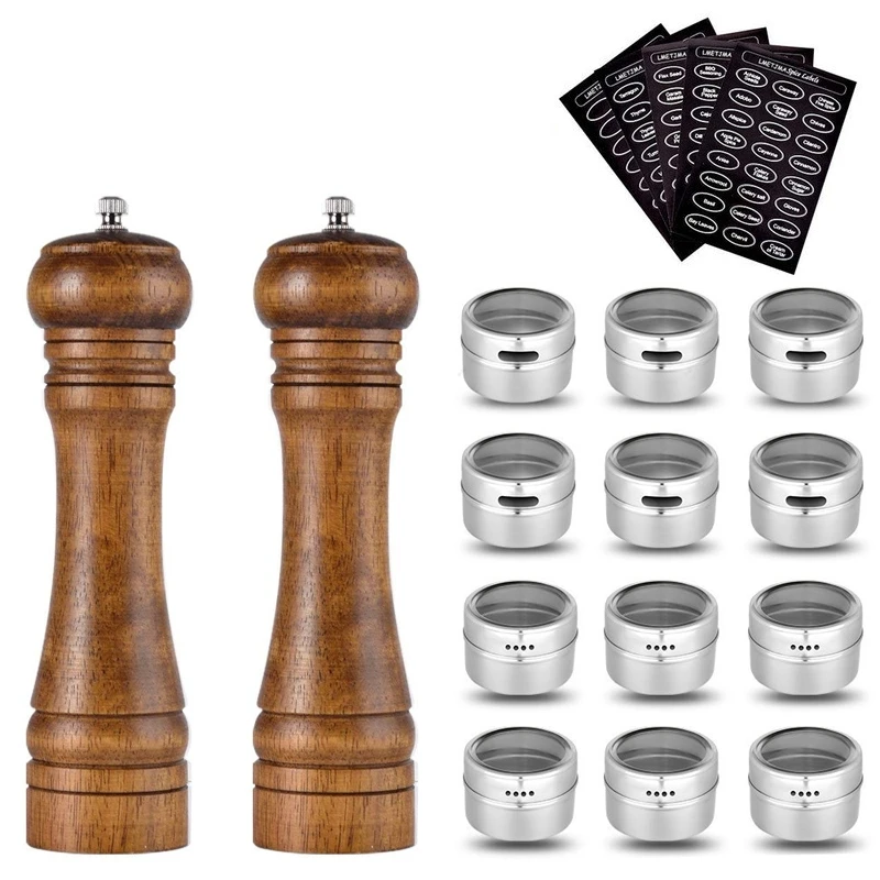 

LMETJMA Wood Salt Pepper Mill and Magnetic Spice Jars Set Pepper Grinders Salt Shakers with Adjustable Ceramic Rotor KC0215