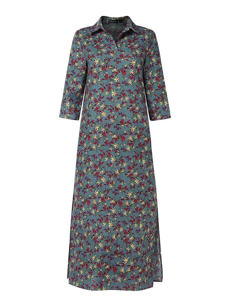 2025 Autunno Moda Abiti con stampa floreale ZANZEA Abito lungo da donna Vintage Manica 3/4 Lavoro Vestito estivo Robe Femme Abiti bohémien