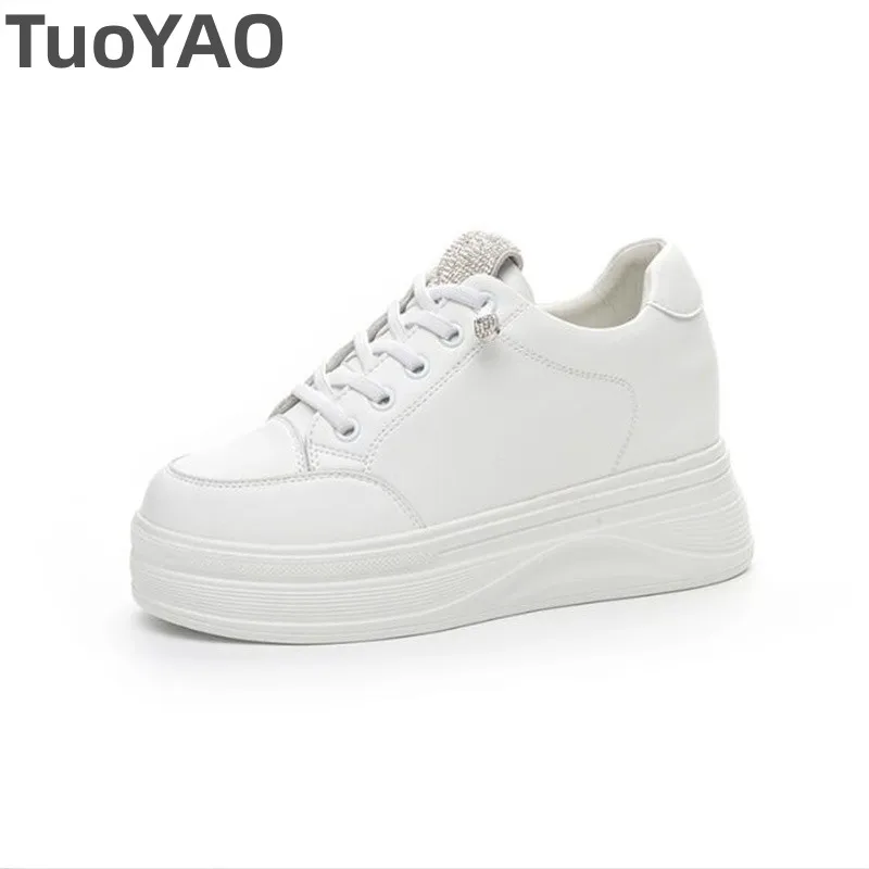 

7cm Synthetic Leather Women Casual Shoes Chunky Sneakers Skateboard Vulcanize Comfort White Platform Wedge Hidden Heel Lady