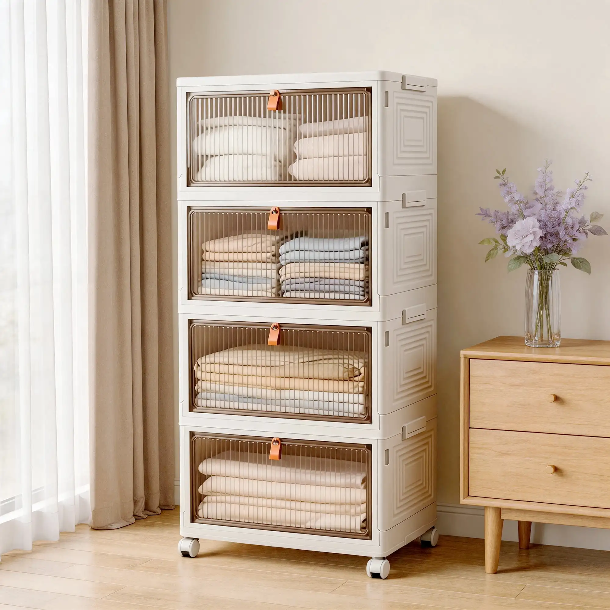 4 Tier Stackable Storage Bins with Lids and Wheels, 92 Qt Folding Storage Box with Doors, Plastic Closet Organizers and Storage Containers for Living Room, Office, Dorm furniture chest of drawers for bedroom storage cabinet