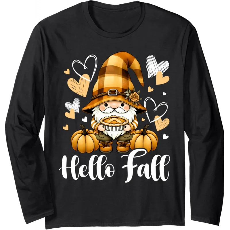 Autumn Thanksgiving Dwarf Pumpkin Pie Long Sleeve T-shirt Black Loose and Versatile