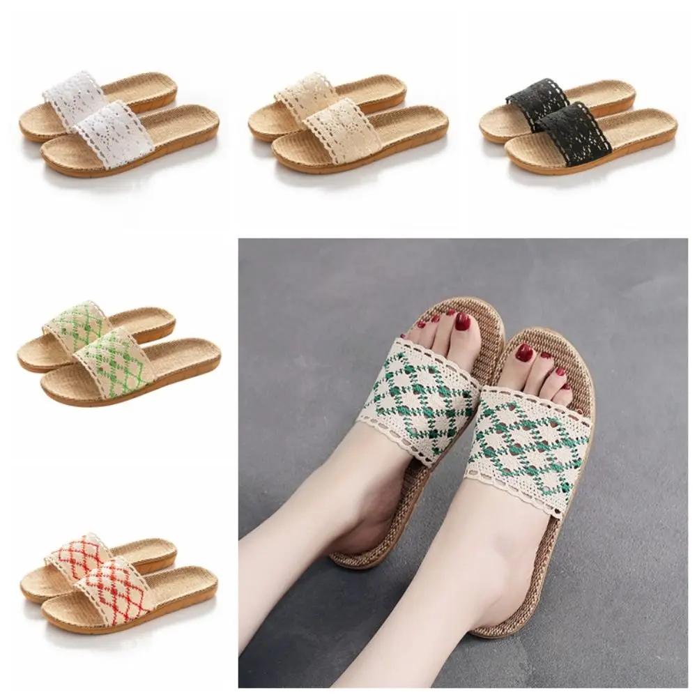 

Простые льняные кружевные тапочки в полоску, нескользящие тапочки из сладкой соломенной ткани, пляжная обувь для отдыха, шлепанцы, домашние сандалии