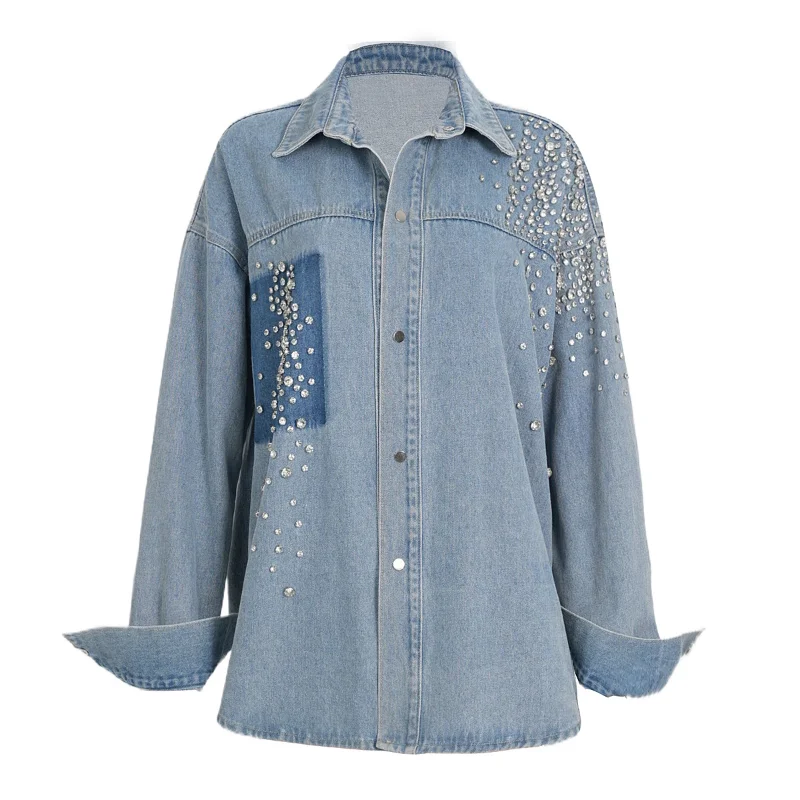 Denim Coat Super Heavy Zircon Bead Decoration Irregular Wash Loose Shirt