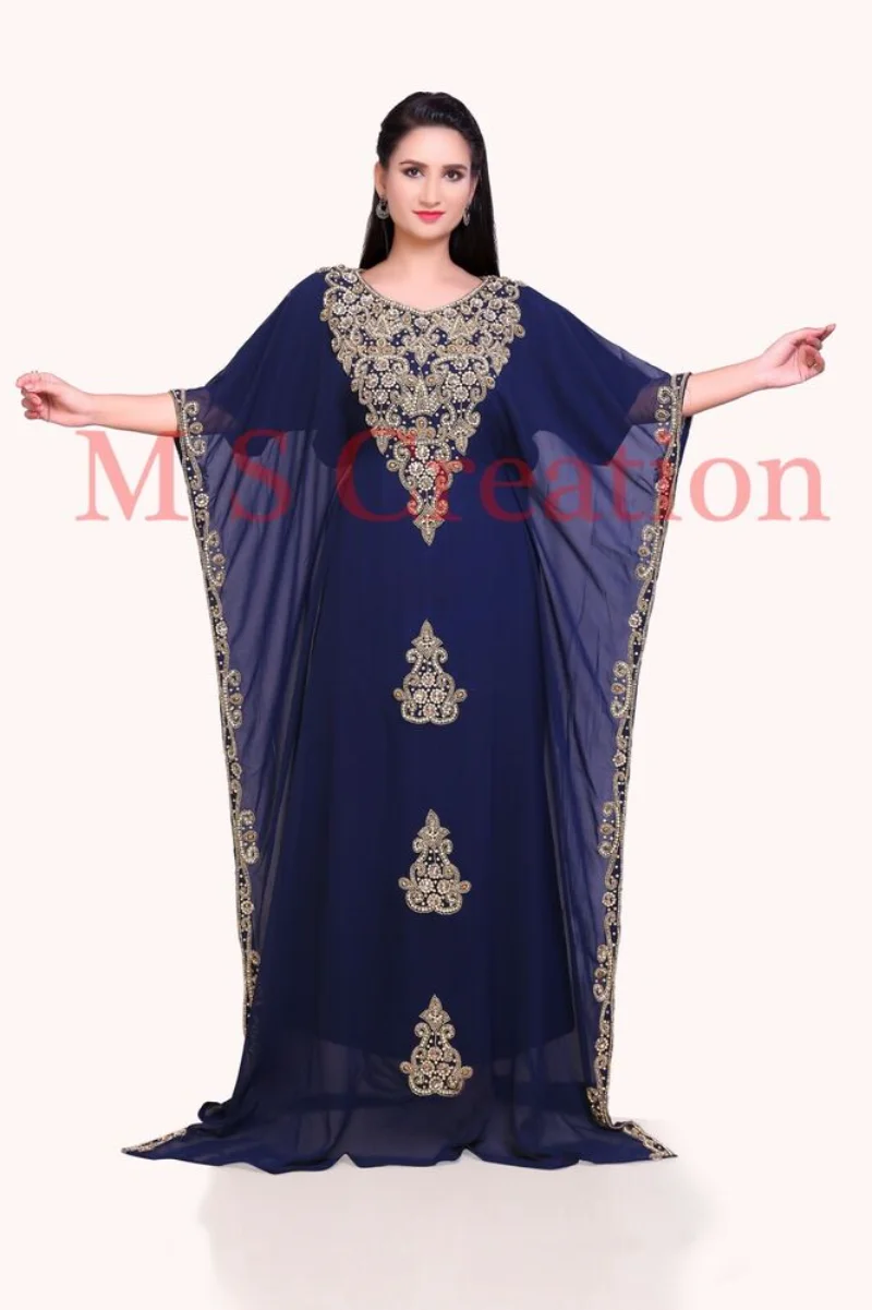 

Long Kaftan Women Dress Moroccon Nave Blue Georgette Dubai Abaya Farasha 56 Inches