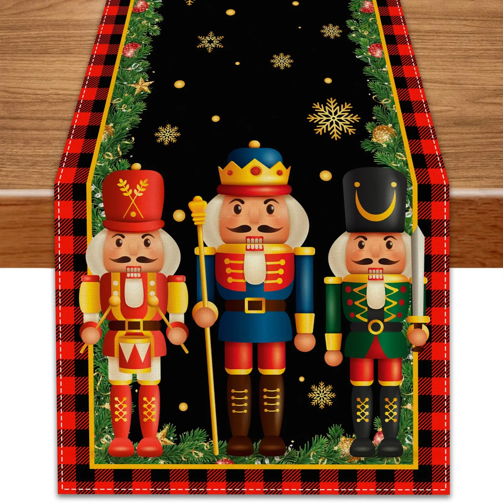 Christmas Nutcracker Table Runner Red Black Plaid Border Snowflake Pine Branch Tablecloth Holiday Dining Table Decor Xmas Party
