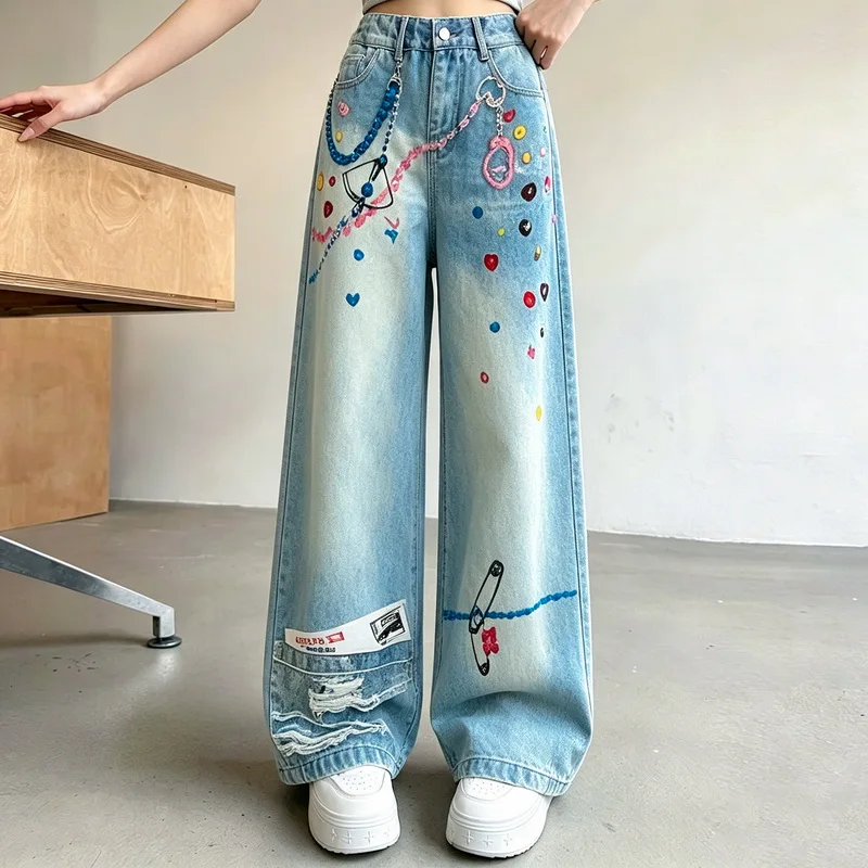 New Summer Kids Street Loose Straight Jeans for Girls Fashion Denim Wide Leg Pants Children Casual Trousers With Heart Pattern