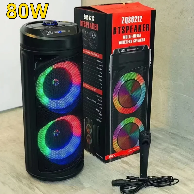 80W High Power Outdoor Square Dance Bluetooth Speakers Home Desktop Subwoofer LED Light Effect K-Song Speakers With Microphone