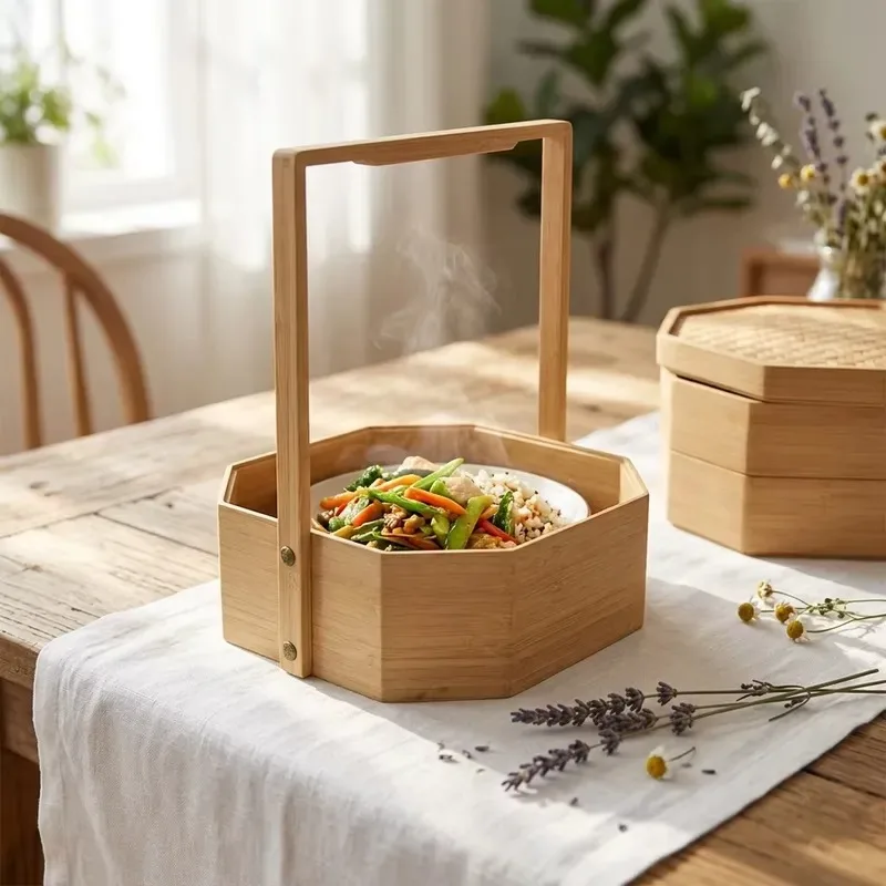 Retro bamboo environmentally friendly three-layer octagonal multi-functional food storage basket with handle hand-woven home
